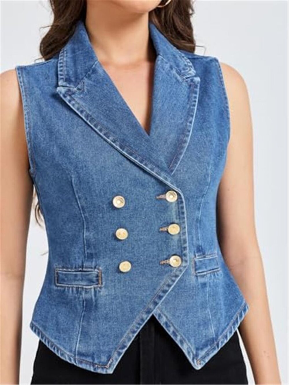 Women's Denim Vest Top Lapel V Neck Sleeveless Jean Vest - Picture 3 of 6